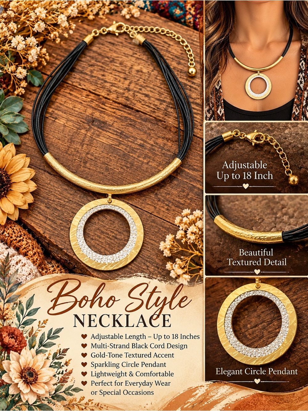 1118 Boho Gold Circle Pendant Necklace in Black